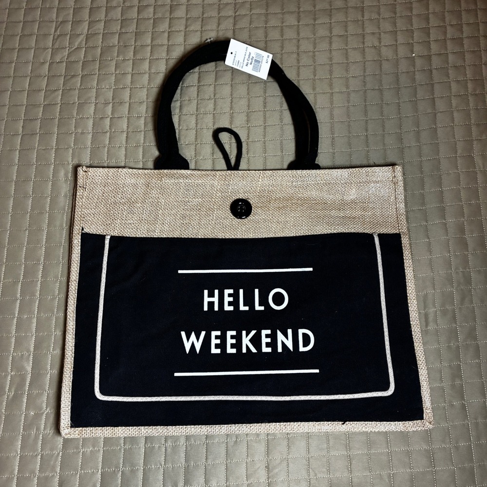 Hello Weekend Jute Tote Bag Black Tan Woven Burlap Beach Shopper NWT